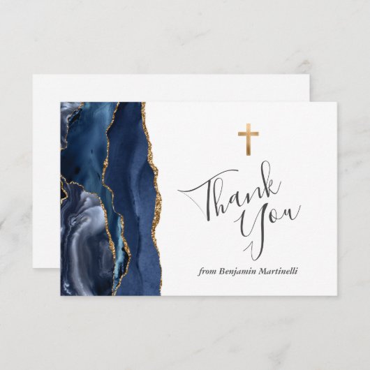 Carte De Remerciements Bleu Agate Or Première Communion Remerciements (Devant / Derrière)