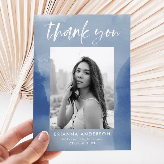 Carte De Remerciements Bleu Aquarelle Laver Photo Graduation