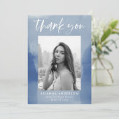 Carte De Remerciements Bleu Aquarelle Laver Photo Graduation (Debout devant)