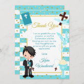 Carte De Remerciements Bleu bande noir Cheveux garçon première communion (Devant / Derrière)