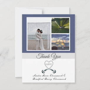 Carte De Remerciements Bleu blanc Coeur nautique Ancre Mariage Photo