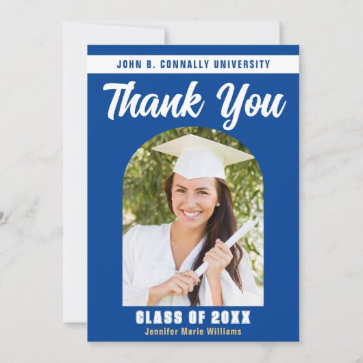 Carte De Remerciements Bleu Blanc Diplômé Photo Arch Graduation (Devant)
