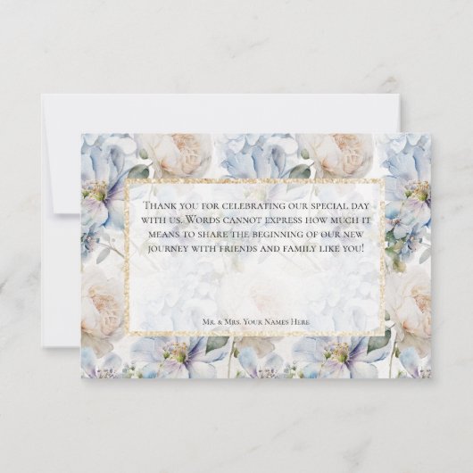 Carte De Remerciements Bleu & blanc Rustique Floral Gold Frame Blanc (Dos)