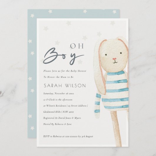 Carte De Remerciements Bleu d'ivoire mignon lapin Oh garçon Baby shower I (Devant / Derrière)
