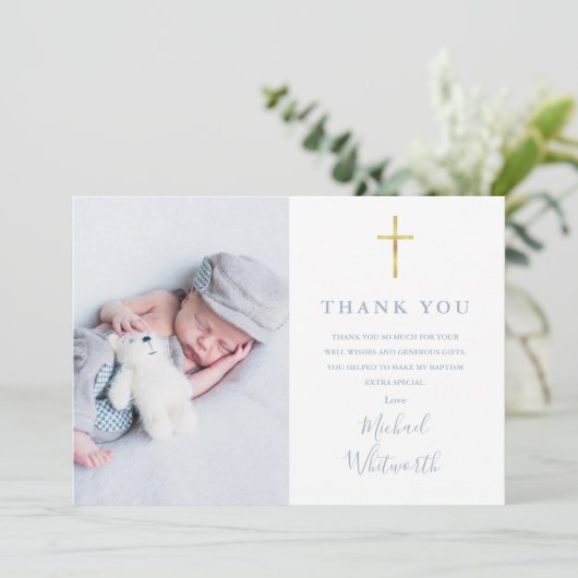 Carte De Remerciements Bleu Dusty Élégant Photo Collage Script Baptême (Debout devant)