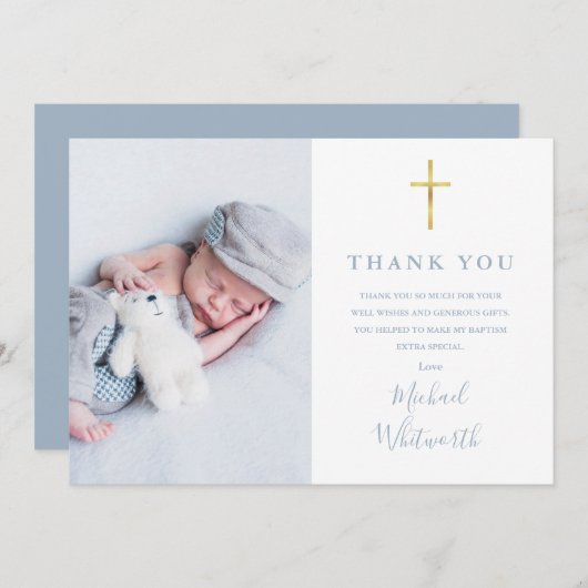 Carte De Remerciements Bleu Dusty Élégant Photo Signature Script Baptême (Devant / Derrière)