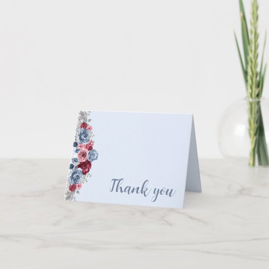 Carte De Remerciements Bleu Dusty et Mariage Bourgogne (Devant)