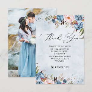 Carte De Remerciements Bleu Dusty Pêche Blush Fête des mariées Botanique 