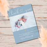 Carte De Remerciements Bleu Dusty Signature Script Baptême Coeur<br><div class="desc">Une élégante signature photo Baptême ou carte de remerciements de baptême. Personnalisez avec votre photo spéciale et merci ensemble de messages de lettres chic. Conçu par Thisisnotme©</div>