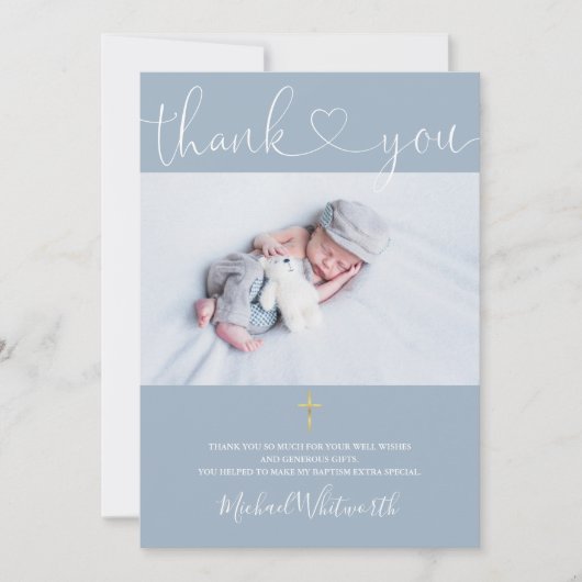 Carte De Remerciements Bleu Dusty Signature Script Baptême Coeur (Devant)