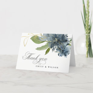 Carte De Remerciements BLEU Foncé OR VERT FLEUR FLEURI AQUARELLE MARIAGE