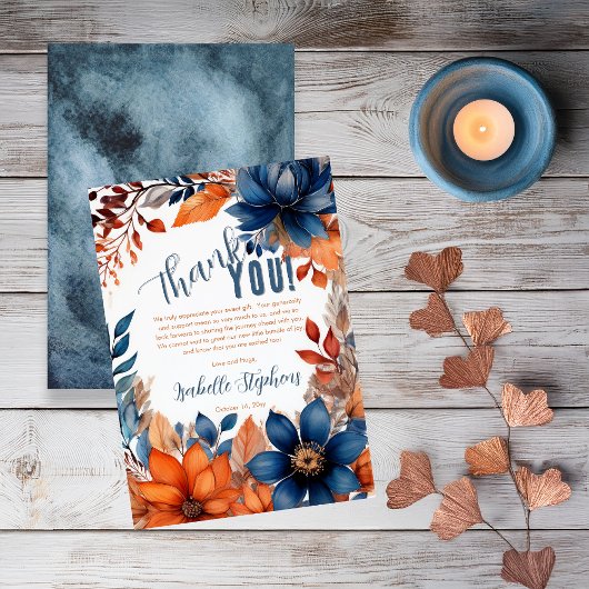 Carte De Remerciements Bleu | Garçon Terracotta Fleur Automne Baby Shower