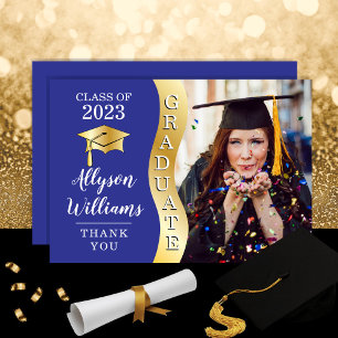 Carte De Remerciements Bleu   Gold Graduate Wave Grad Casquette photo