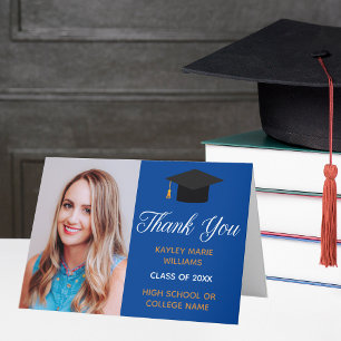 Carte De Remerciements Bleu Gold Graduation Photo 2025 Classic Graduate