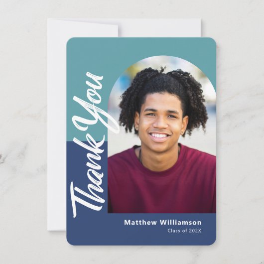 Carte De Remerciements Bleu Graduation Photo Bold Arch Script Moderne (Devant)