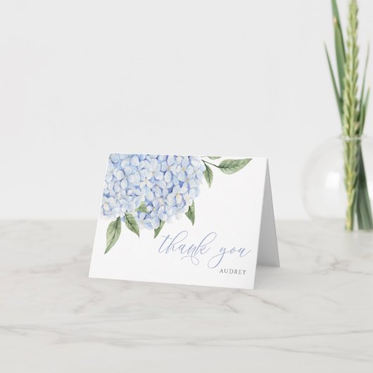 Carte De Remerciements Bleu Hydrangea Aquarelle Fleurs Script (Devant)