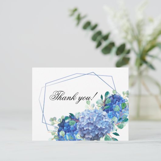 Carte de remerciements bleu hydrangea eucalyptus v (Debout devant)