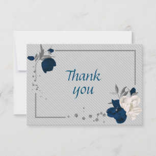 Carte De Remerciements bleu marine et fleurs blanches gris feuille botani