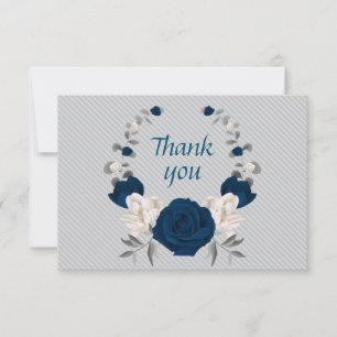 Carte De Remerciements bleu marine et fleurs blanches gris feuille couron