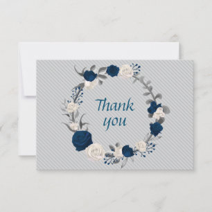Carte De Remerciements bleu marine et fleurs blanches gris feuille couron