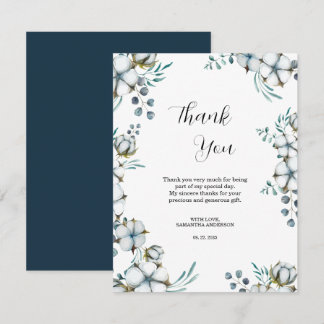 Carte De Remerciements Bleu marine Fleurs de coton eucalyptus Baby Shower