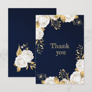 Carte De Remerciements bleu marine floral or blanc