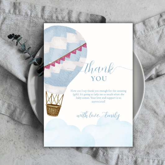 Carte De Remerciements Bleu moderne Boho Hot Air Baby shower