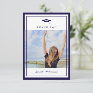 Carte De Remerciements Bleu moderne Élégant Script Graduation Photo