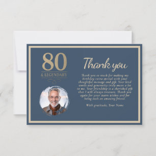 Carte De Remerciements Bleu Nuit Élégant 80 & Photo de Anniversaire Légen