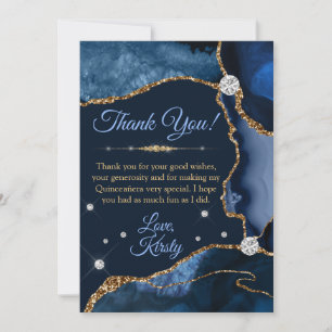 Carte De Remerciements Bleu Nuit et Or Fausse Agate Pailletée Quinceañera