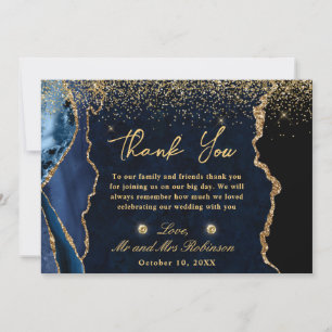 Carte De Remerciements Bleu Nuit et Or Faux Paillettes Agate Mariage