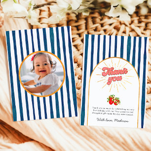 Carte De Remerciements Bleu Nuit Or Blanc Anniversaire Photo Fraise
