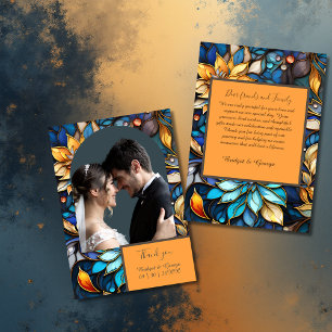 Carte De Remerciements Bleu & Or Floral Vitrail Mariage élégant