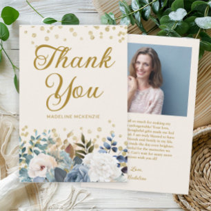 Carte De Remerciements Bleu Poussiéreux Blanc Floral Anniversaire Photo M