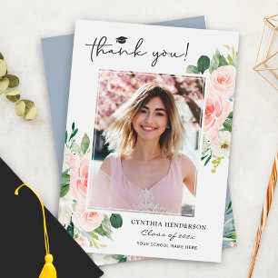 Carte De Remerciements Bleu poussiéreux rose rose floral photo de graduat