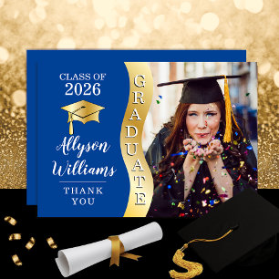 Carte De Remerciements Bleu profond   Gold Graduate Wave Grad Casquette p