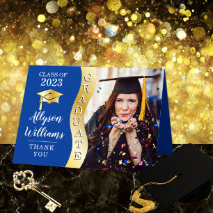 Carte De Remerciements Bleu profond Gold Graduate Wave Grad Casquette p