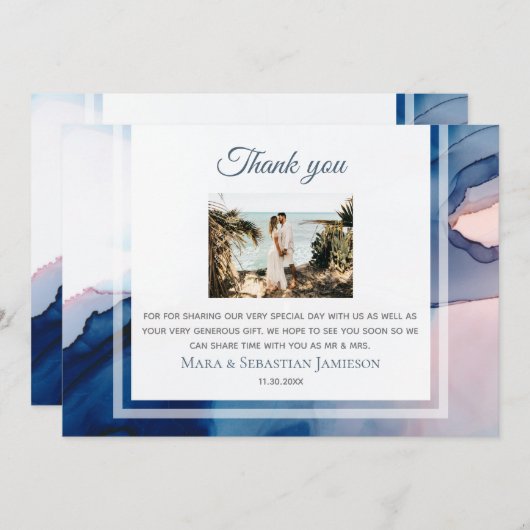 Carte De Remerciements ~ Bleu rose AR17 Aquarelle Elégant Mariage tendanc (Devant / Derrière)