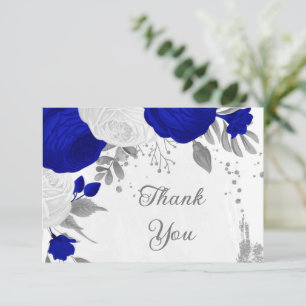Carte De Remerciements bleu royal et fleurs blanches argent mariage botan