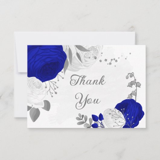 Carte De Remerciements bleu royal et fleurs blanches argent mariage botan (Devant)