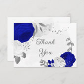 Carte De Remerciements bleu royal et fleurs blanches argent mariage botan (Devant / Derrière)
