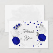 Carte De Remerciements bleu royal et fleurs blanches argent mariage botan (Devant / Derrière)