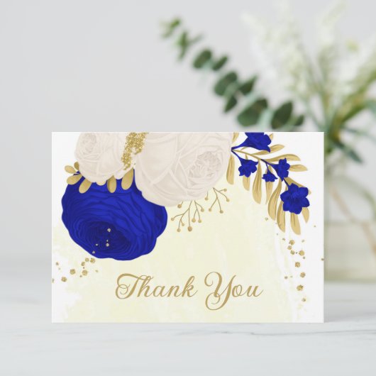 Carte De Remerciements bleu royal et fleurs blanches or mariage botanique (Debout devant)