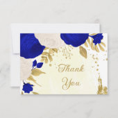 Carte De Remerciements bleu royal et fleurs blanches or mariage botanique (Devant)