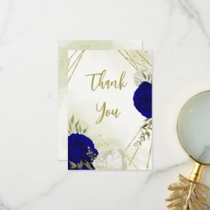 Carte De Remerciements bleu royal fleurs blanches vert feuilles