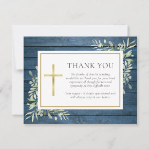 Carte De Remerciements Bleu Rustique Bois vert Christian Funerla