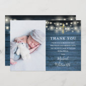 Carte De Remerciements Bleu Rustique Chaîne de bois Lumières Photo Baptêm (Devant / Derrière)