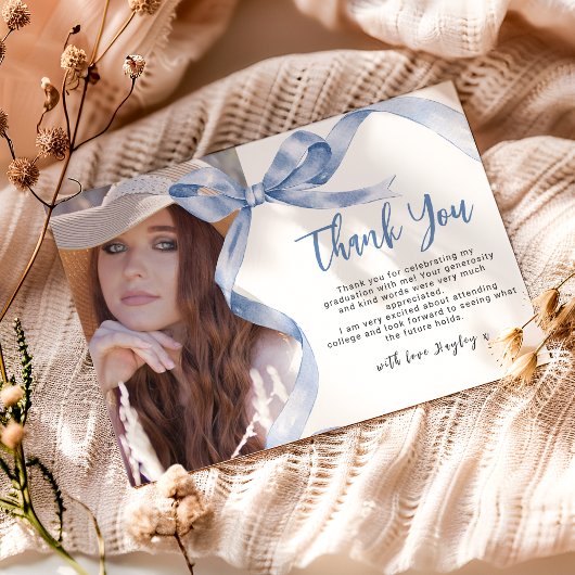 Carte De Remerciements Bleu tendance Bow Photo Graduation