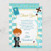 Carte De Remerciements Bleu Trappe Rouge Cheveux Garçon Première Sainte C (Devant / Derrière)