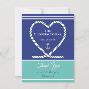Carte De Remerciements Bleu turquoise Blanc Corde nautique Coeur Ancre Ma